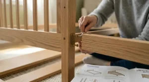 Matching wood finish of the crib to bed conversion kit aligned with a nursery bed frame.