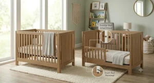 Diagram showing a 5 in 1 convertible crib transforming into a toddler bed.