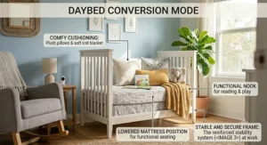 An affordable 4 in 1 convertible crib styled as a functional daybed for a growing child.