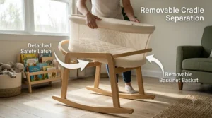 A view showing the ease of separating the removable bassinet basket from its rocking stand.