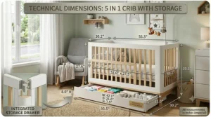 Technical diagram displaying the dimensions of a 5 in 1 crib with storage for room planning.