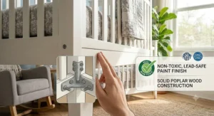 Close-up of the non-toxic, durable wood finish on an affordable 4 in 1 convertible crib.
