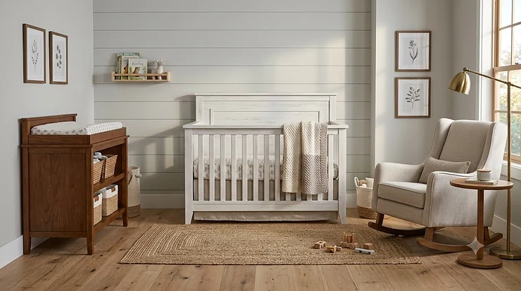 A photorealistic high-detail shot of a white farmhouse 4-in-1 crib in a cozy nursery with natural light and rustic decor.