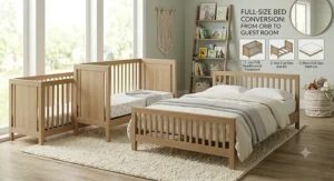 Step-by-step graphic showing the 5 in 1 convertible crib converted into a full-size bed.
