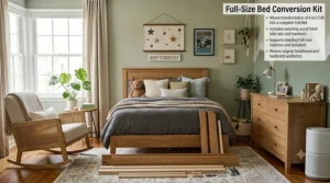 How a 4 in 1 convertible crib converts into a full-size bed with rails.