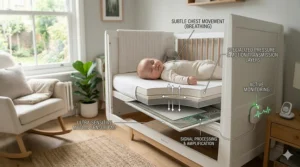 Diagram showing how a crib with movement sensors detects subtle baby breathing patterns.