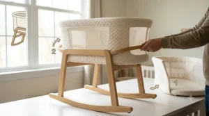 A parent assembling the frame and cradle components of a rocking bassinet with stand.
