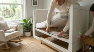 Step-by-step installation guide for adding movement sensors to a standard baby crib.