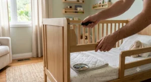 Attaching the safety guard rail to the convertible toddler bed frame.