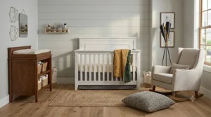 A photorealistic high-detail 4K image showing the farmhouse 4-in-1 crib styled in a modern rustic nursery with neutral layered bedding, a textured rug, minimalist wall art, and curated accessories.