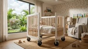 Stylish nursery interior featuring a rolling crib with locking wheels.