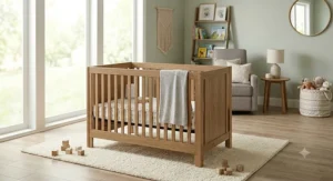 A 5 in 1 convertible crib styled in a contemporary nursery room interior.