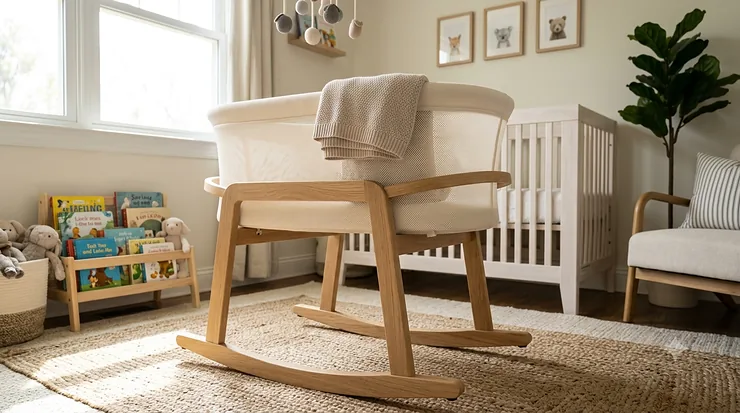 A stylish, neutral-colored rocking bassinet with a sturdy wooden stand set up in a bright, modern nursery. rocking bassinet with stand