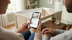 Parents using a smartphone app to check smart crib monitoring data