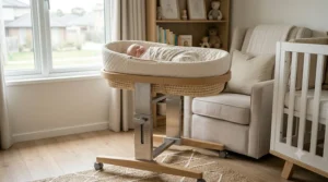 A cozy nursery setting featuring a height adjustable bassinet stand in a neutral room decor.