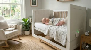 Sleeping baby resting peacefully in a crib with movement sensors to monitor activity.