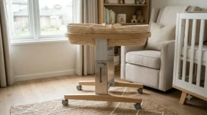 Compact design of the portable height adjustable bassinet stand with smooth-rolling lockable wheels.