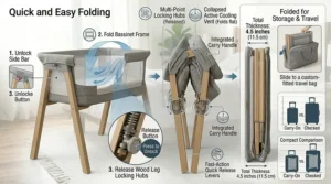 A demonstration of how a bedside sleeper stand folds down for easy storage or travel.