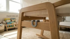 A close-up view of the sturdy, integrated safety latch used to secure the rocking bassinet.