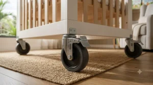 Easy-to-install locking wheels for a rolling crib assembly.