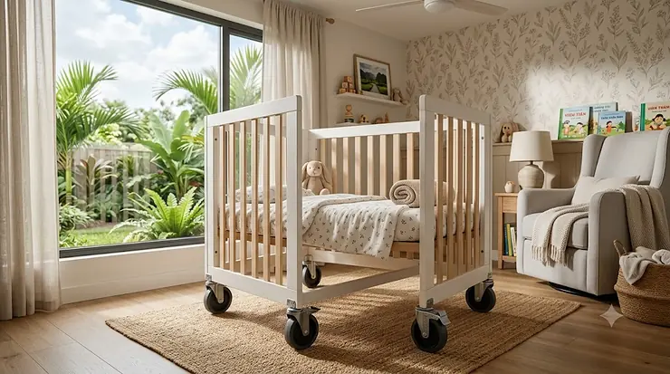 Modern wooden rolling crib with locking wheels in a nursery.