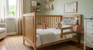 A completed and safe convertible toddler bed ready for a child.