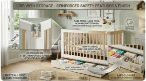 Highlight of the reinforced joints and non-toxic finish on a 5 in 1 crib with storage.