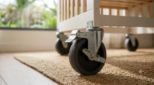 Close-up of secure locking wheel mechanism on a rolling crib.