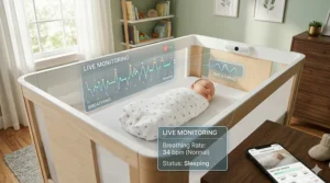 Close-up of smart crib with app monitoring detecting infant breathing