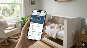 A smartphone app displaying real-time data from a crib with movement sensors.