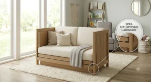 Illustration of a 5 in 1 convertible crib repurposed as a nursery sofa.