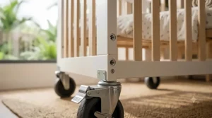 Detailed view of the durable frame of a rolling crib with locking wheels.
