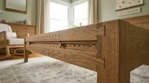 Close-up of the durable wood construction of a 4 in 1 convertible crib.