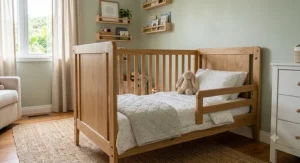 Finished toddler bed dressed with cozy blankets and pillows.