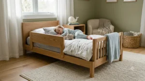 A cozy toddler bedroom featuring a bed modified with a crib to bed conversion kit.