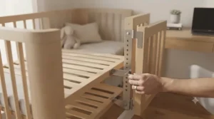 Functional view showing the adjustable mattress height of the lockable caster crib.