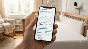 A smartphone app interface displaying real-time data from a smart crib mattress with sensors.