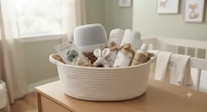 A baby shower gift basket containing a nature sounds sleep machine, pacifiers, and soft swaddle blankets.