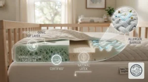 Icons representing the hypoallergenic and non-toxic materials used in a baby sleep insights mattress.