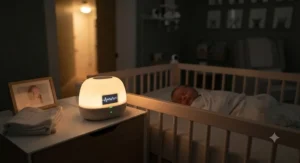 A portable baby sleep aid device playing continuous non looping white noise during the night