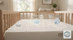 Diagram highlighting essential safety features of a baby sleep insights mattress for peace of mind.