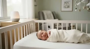 Peaceful newborn baby sleeping soundly in a crib with a white noise machine for nursery nearby