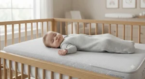 A peaceful baby sleeping soundly on a firm, comfortable cooling crib mattress designed for temperature control.
