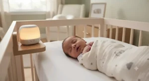 A newborn baby sleeping soundly in a crib with a gentle nature sounds sleep machine glowing softly nearby.