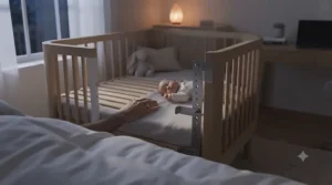A lockable caster crib positioned safely beside a parent's bed at night.