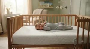 A nursery room setting featuring a non-wearable breathing monitor mattress pad for added peace of mind.