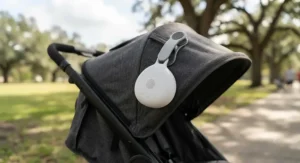 A lightweight travel white noise machine securely clipped to the canopy of a baby stroller outdoors.