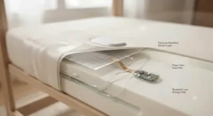 Cutaway view highlighting the internal technology of a wireless baby breathing sensor mattress