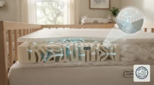 Cross-section view of a baby sleep insights mattress showing airflow technology for better temperature control.