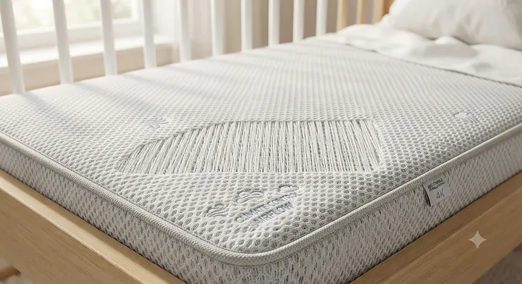 Close-up of a breathable climate control crib mattress showing airflow technology for safe sleep.